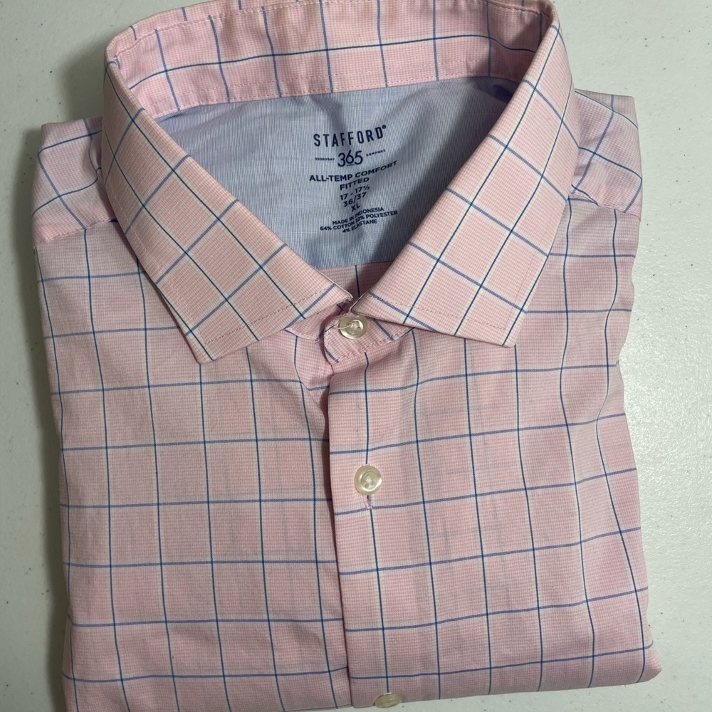 Stafford 365 Men's Pink and Blue Grid Dress Shirt Size XL CB-113